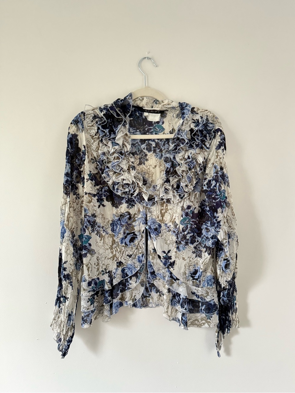 Vintage Romantic Blue Floral Ruffle Blouse | Cottagecore Prairie Top